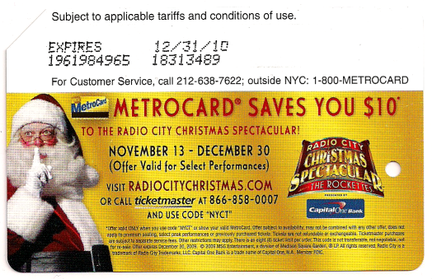 Radio City Christmas Spectacular 2009 Metrocard